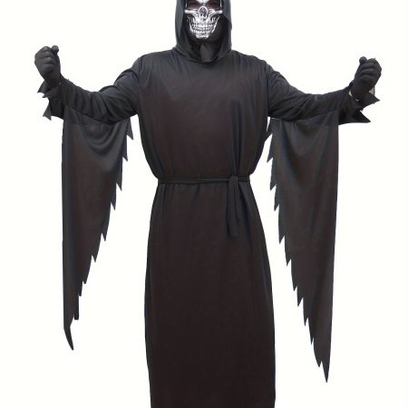 Adult Men's Black Grim Reaper Halloween Party Outfit, Hooded Robe With Mask & Gloves