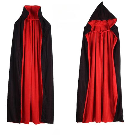 Double-Layer Halloween Vampire Cloak, Hooded Stand Collar, Black & Red, for Cosplay, LARP, Stage Performance