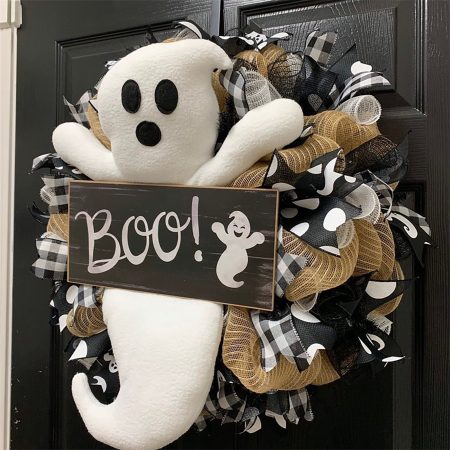 Cartoon Ghost Wreath for Front Door, Artificial Halloween Decor, Cute Ghost Doll Wreath for Festive Home Decoration