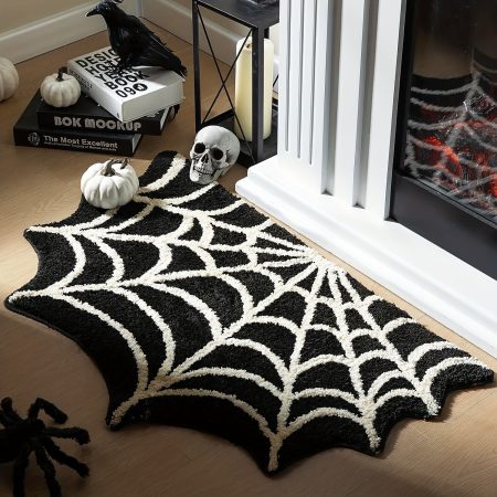 Halloween Spider Web Floor Mat, Gothic Home Decor Non-Slip Plush Rug, Machine Washable Indoor Area Carpet for Front Door, Porch ?C Imitation Cashmere, Festive Entryway Accessory