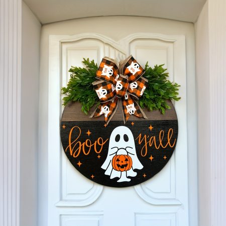 1pc Spooky White Ghost Pumpkin BOO Door Hanging Sign - Festive Halloween Welcome Decoration for Living Room, Bathroom, Bar, Cafe, Garden, Office, and Auditorium - Perfect Housewarming Gift for Creatin