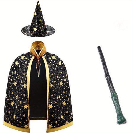 3pcs Wizard Costume Set with Magic Hat, Cloak & Wand - Perfect for Halloween & Cosplay Parties