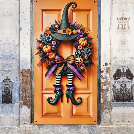 1pc, Polyester, Witch Pumpkin Witch Hat Wreath Halloween Door Tapestry Cover Hanging Banner, Home Indoor Outdoor Party Decorations, Halloween Decorations, Entrance Room Garden Courtyard Gate Decoration, 35.43 X 70.86 Inch, Holiday Party Supplies