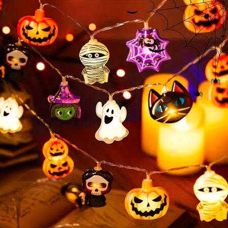 2024 Halloween Fairy Lights - LED String with Witch, Pumpkin, Pirate, Mummy, Angel & Spider Web Designs - Battery Operated (AA Batteries Not Included) for Festive Party Decor