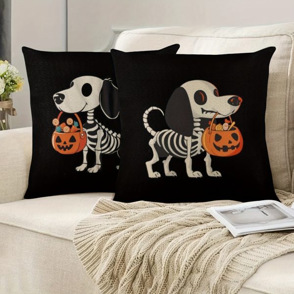 2pcs Halloween Pillowcases: Skeleton Dog Pillowcases - Festive Halloween Decorations - Modern Design - Soft Linen Material - 17.72inch x 17.72inch - Cozy, Durable, and Breathable (No Pillow Insert)