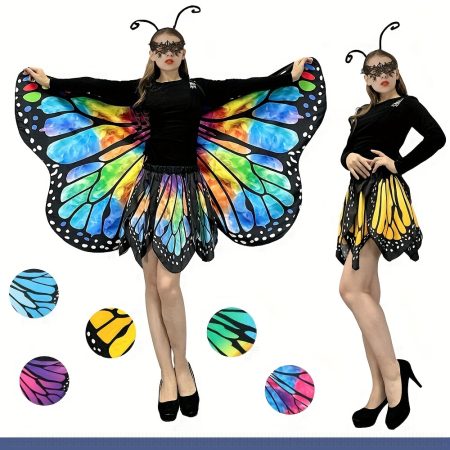 Women Butterfly Wings Shawl & Butterfly Skirt, Ladies Party Butterfly Wings Costumes, Soft Fabric Butterfly Shawl Festival Rave Dress, Halloween Fairy Costume Cape Party Accessory, Includes Face Mask And Headband