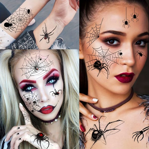 8pcs Large 3D Spider Web Temporary Tattoos - Realistic Halloween Makeup Kit for Adults, Includes Witch, Bat & Zombie Designs - Perfect for Face, Body & Party Decor