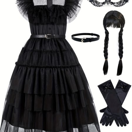 Girls' Stunning Halloween Party Costume: Ruffle Mesh Tutu Dress with Gloves & Accessories for Stage Performance