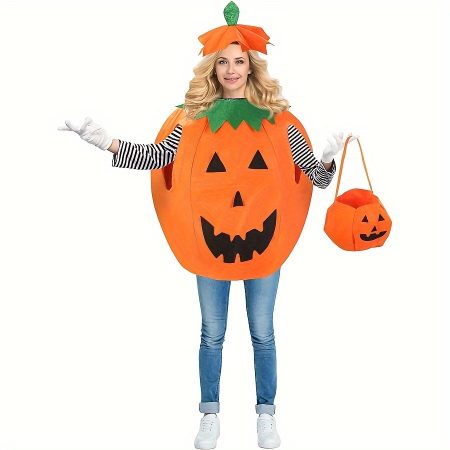 Adult Pumpkin Halloween Costume Set with Cloak, Hat, and Matching Treat Bag - Nylon Pumpkin Outfit for Parties and Trick-or-Treating, Suitable for Ages 14+