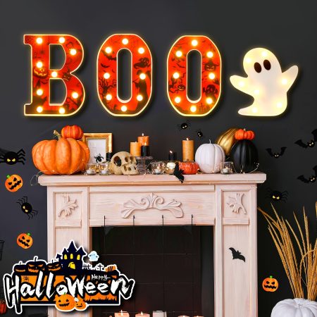 4pcs Halloween Decor Halloween Decorations Indoor, LED Marquee Light Up Letters BOO And Ghost Sign Halloween Decor For Kitchen Tabletop Mantel Party Room Wall