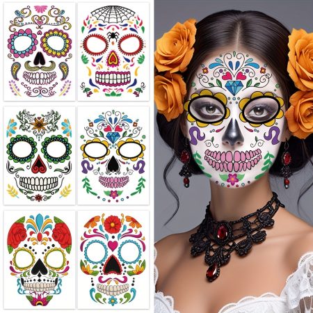 6-Pack Day of the Dead Temporary Face Tattoo Stickers, Waterproof Sugar Skull Eye Shadow, Scar Makeup Decals for Halloween, Dia de Los Muertos Costume Accessories, Oblong Shape