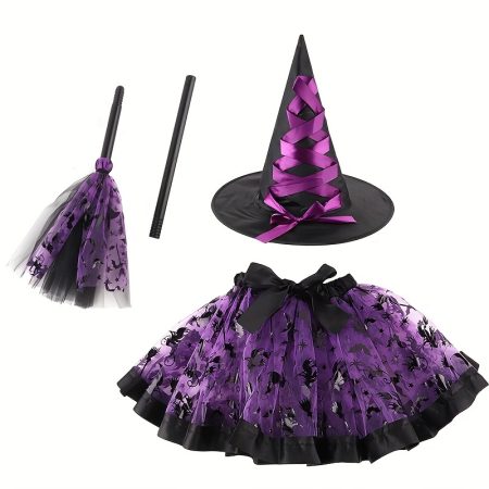 Festive Halloween Witch Costume: Funky Puff Skirt, Black Witch Hat with Purple Ribbon, And Wand - Perfect for Parties And Performances