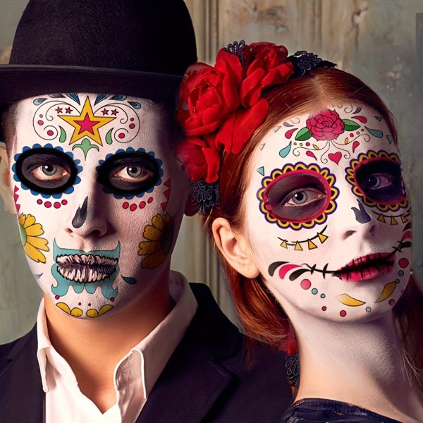 Day of the Dead Face Tattoos, 10pcs D??a de Los Muertos Temporary Face Sticker Kit, Halloween Decorations Sugar Skull Costume Makeup Decor, Glitter Red Roses Skeleton Full Face Mask Tattoos Temporary