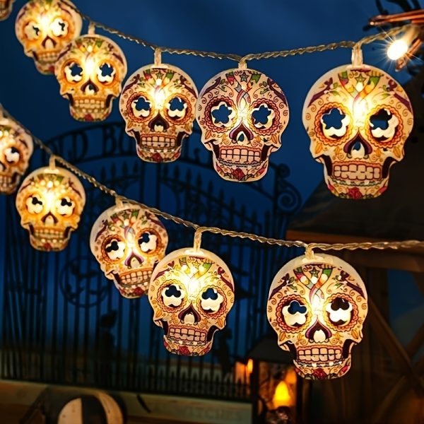 Colorful Skull LED String Lights - Perfect for Halloween & Day of the Dead Decor, Haunted House Parties, and Home Ambiance - Battery Operated (Batteries Not Included)