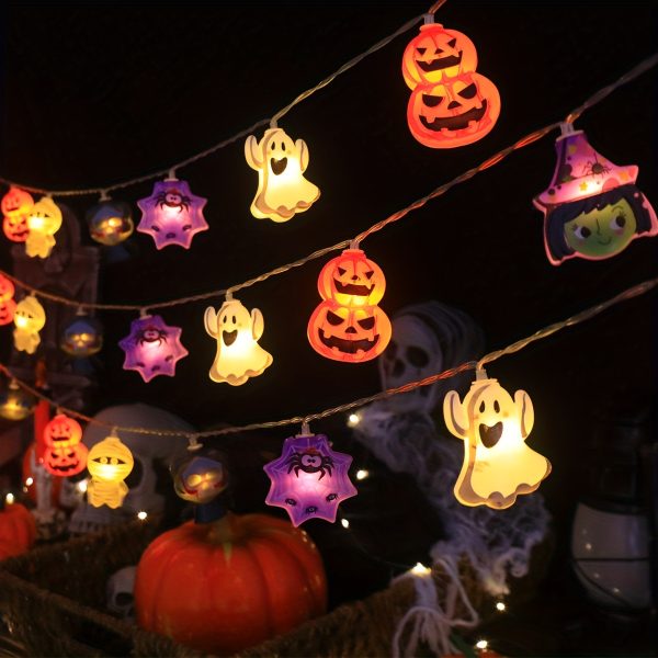 1Pc, Mix Styles Pumpkin Lights Ghost Spider Witch String Lights, Halloween Decorations, 6.56ft 10 LED, Bedroom, Autumn, Summer, Haunted House, Holiday Party Supplies