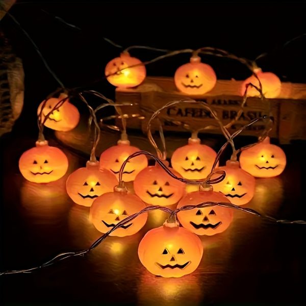 Halloween Pumpkin LED String Lights - Battery Operated, Non-Dimmable Orange Jack-O'-Lantern Fairy Lights, Plastic Material, Hanging Indoor Decoration, Not Included Batteries