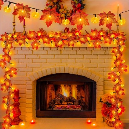 3m Autumn Harvest Maple Leaf & Pumpkin Garland Lights - Battery-Powered Indoor Decor for Halloween, Thanksgiving, and Christmas