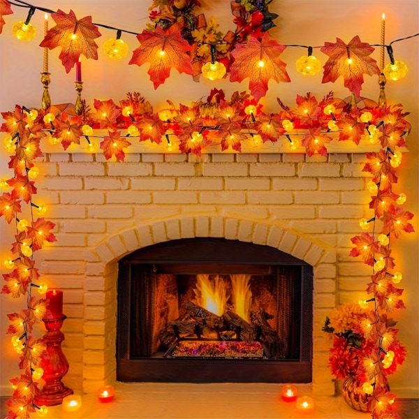 3m Autumn Harvest Maple Leaf & Pumpkin Garland Lights - Battery-Powered Indoor Decor for Halloween, Thanksgiving, and Christmas