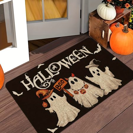 1PC Halloween Ghost Print Doormat with Memory Foam, Non-Slip PVC Backed, Machine Washable, Lightweight Rectangle Polyester Mat for Entryway, Kitchen, Bathroom, Hallway Decor