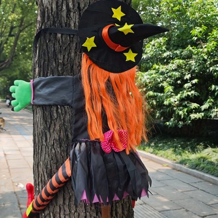 Halloween Tree Climbing Witch with Orange Hair, Polyester Fabric, Outdoor Decoration for Adults (Age 14+)