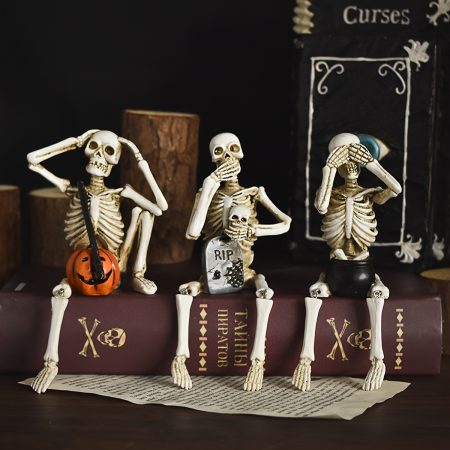 3pcs Vintage Resin Skull Decor Set: 3-Piece Halloween Skeleton Figurines with Pumpkin, Tombstone & Stew Pot Designs for Spooky Home Accents