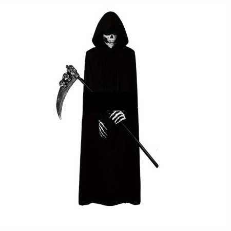 4pcs Grim Reaper Halloween Costume Set - 4-Piece Outfit with Cloak, Mask, Gloves & Sickle